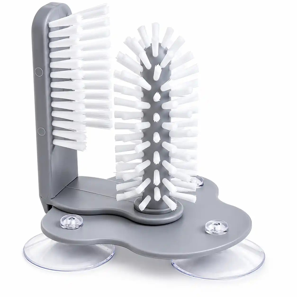 Studio image of a grey 2-in-1 suction cup glass and bottle cleaning brush with white nylon bristles, removable center brush, side brush, and three suction cups on a white background.