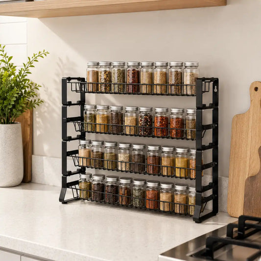 Black 4-tier metal spice rack organizer displayed on a modern kitchen countertop, neatly holding glass spice jars in a clean and stylish kitchen setting.