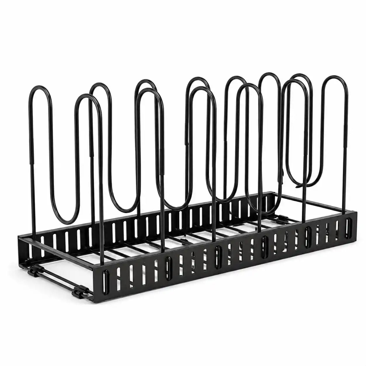 Empty black 8-tier adjustable iron pot and pan organizer rack with vertical U-shaped dividers and a perforated metal base, displayed on a white background for kitchen cabinet and countertop cookware storage.