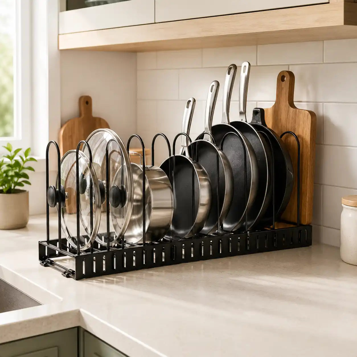 Lifestyle image of a black 8-tier adjustable pot and pan organizer rack neatly storing pots, frying pans, lids, and a cutting board inside a modern kitchen cabinet for organized cookware storage.