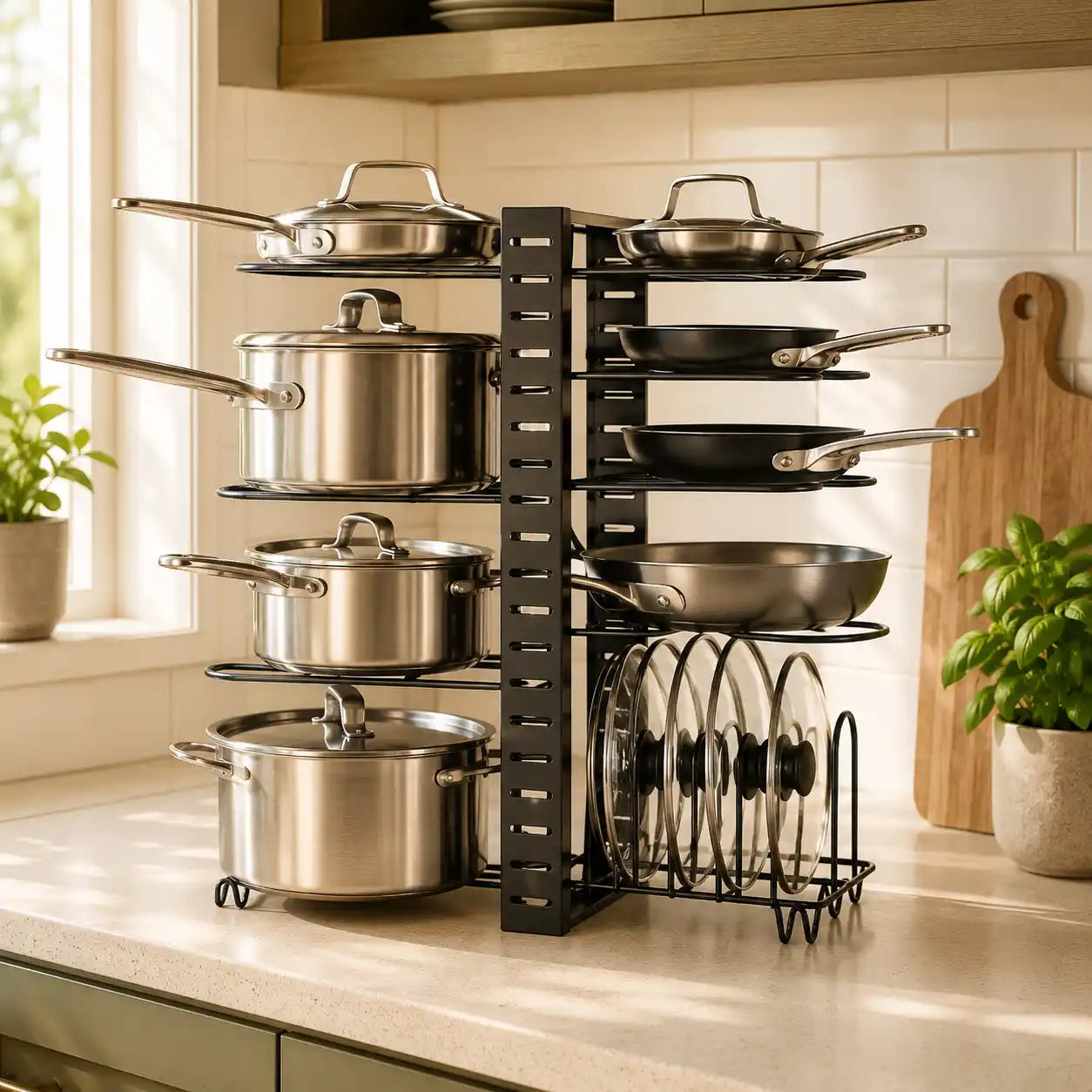 Lifestyle image of a black 8-tier adjustable pot and pan organizer rack assembled in a vertical configuration, neatly organizing pots, frying pans, and glass lids on a modern kitchen countertop.