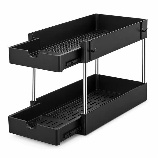 Empty black 2-tier under sink storage organizer with sliding drawers, silver support rods, and side hooks on a white background for kitchen and bathroom cabinet organization.
