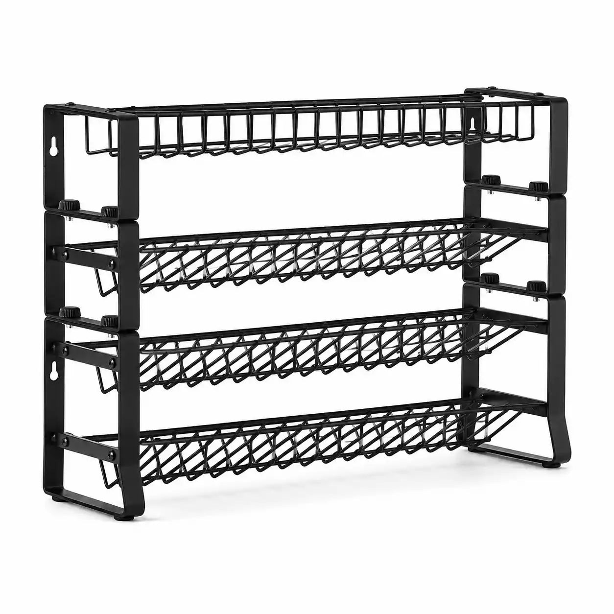 Black 4-tier metal spice rack organizer for kitchen countertops and cabinets with four storage shelves on a white background.