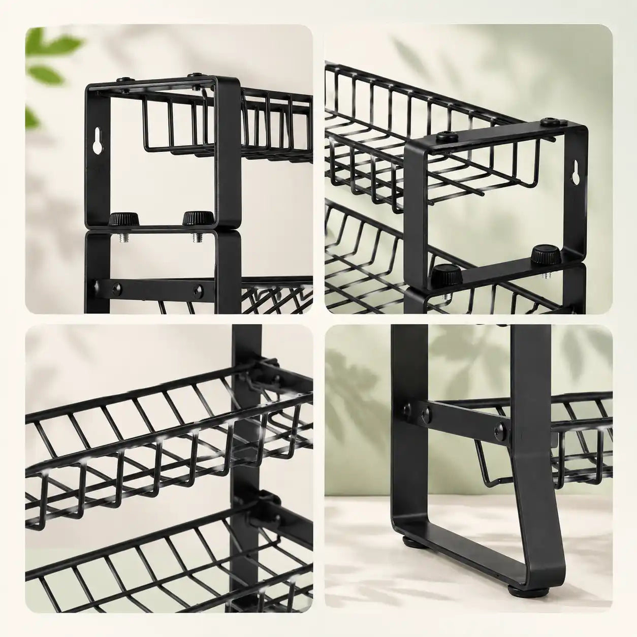 Four-angle close-up collage of a black 4-tier metal spice rack organizer showcasing the matte powder-coated finish, sturdy steel wire construction, reinforced joints, wall-mount slots, and anti-slip feet.