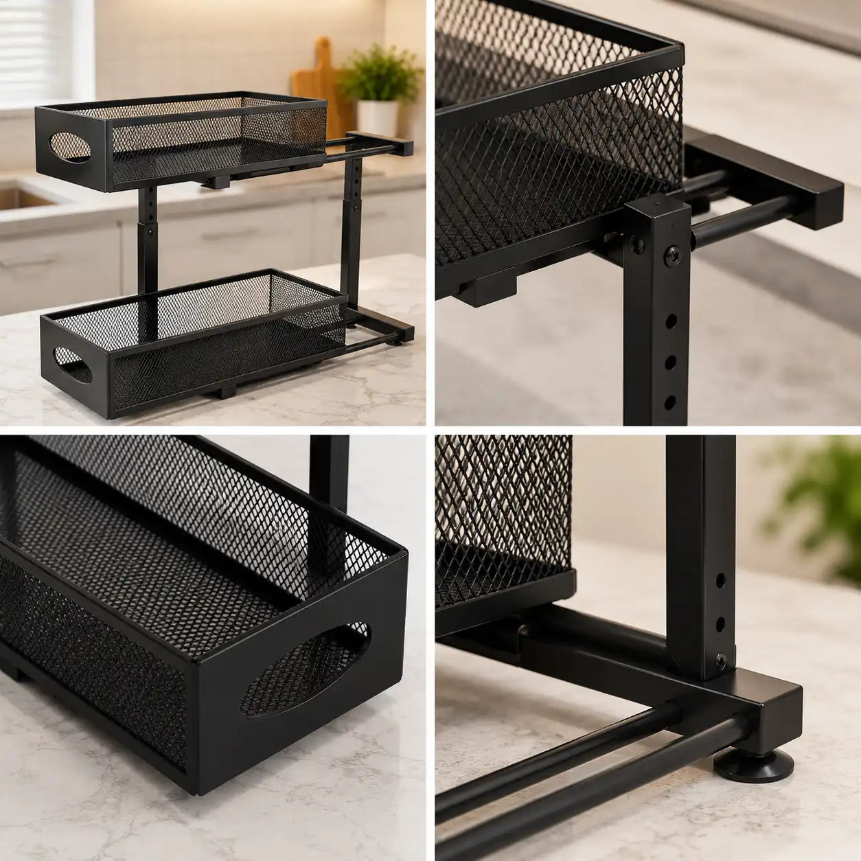 Four close-up views of a black double-tier pull-out kitchen cabinet storage rack, showcasing the carbon steel mesh baskets, adjustable frame, smooth sliding rails, sturdy construction, and matte black finish.