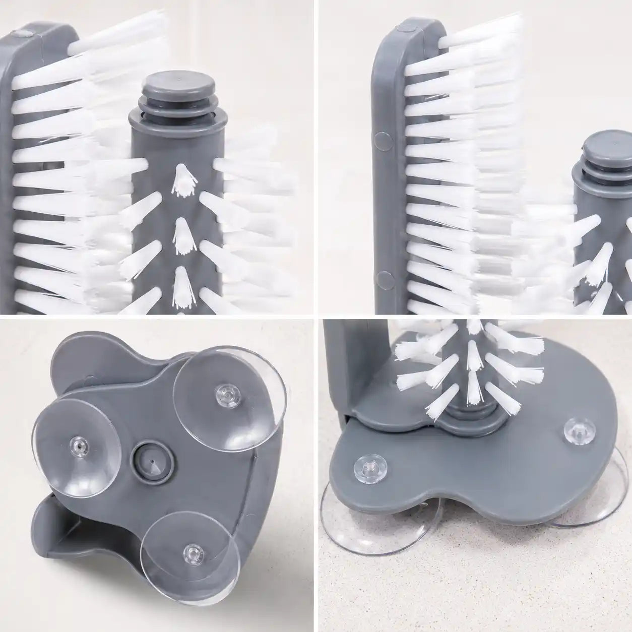 Collage featuring four close-up views of the grey 2-in-1 suction cup glass and bottle cleaning brush, highlighting the durable white nylon bristles, removable center brush, side cleaning brush, and strong suction cup base for efficient 360° drinkware cleaning.