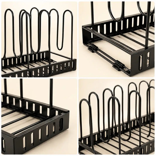 Collage featuring four close-up views of the black 8-tier adjustable iron pot and pan organizer rack, highlighting the durable matte black finish, adjustable U-shaped dividers, sturdy wire construction, and perforated metal base for organized cookware storage.