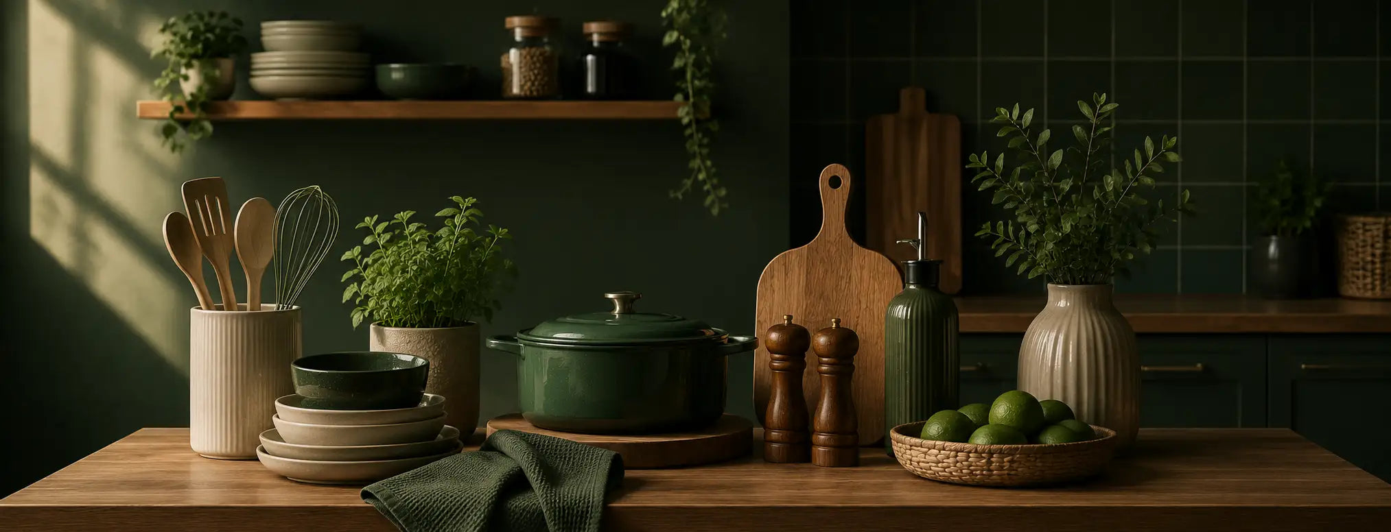 Modern kitchen lifestyle hero banner featuring green-themed cookware setup with pots, plates, utensils, cutting boards, herbs, and decorative kitchen essentials with the headline “Cook Smarter & Live Better” and a Browse Now call-to-action button.
