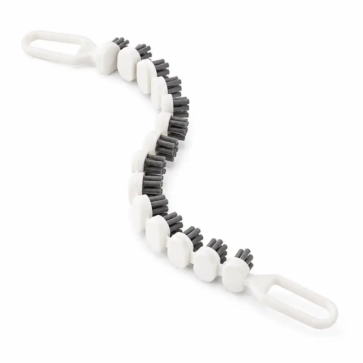 Studio image of a white flexible faucet cleaning brush with dense gray PP bristles and a bendable segmented design on a white background, suitable for cleaning faucets, sink edges, pipes, and narrow gaps.