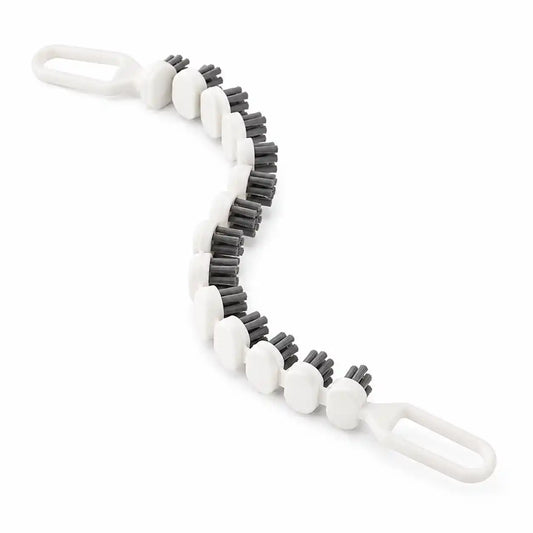 Studio image of a white flexible faucet cleaning brush with dense gray PP bristles and a bendable segmented design on a white background, suitable for cleaning faucets, sink edges, pipes, and narrow gaps.