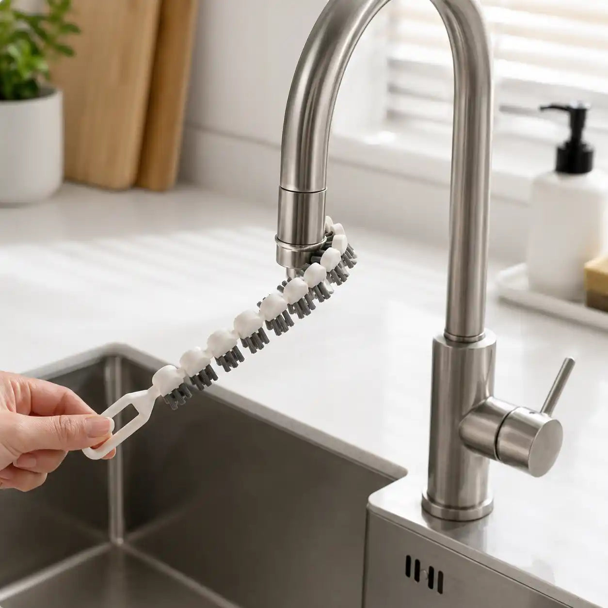 Lifestyle image of a white flexible faucet cleaning brush wrapped around a stainless steel kitchen faucet, demonstrating effortless cleaning of hard-to-reach areas in a modern kitchen sink.
