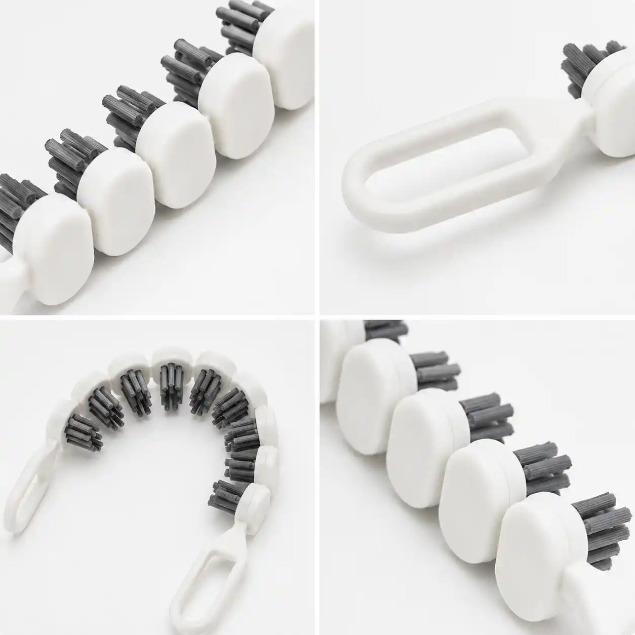 Collage featuring four close-up views of the white flexible faucet cleaning brush, highlighting the bendable segmented design, dense gray PP bristles, smooth matte finish, and dual hanging loops for cleaning faucets, sink edges, pipes, and narrow gaps.