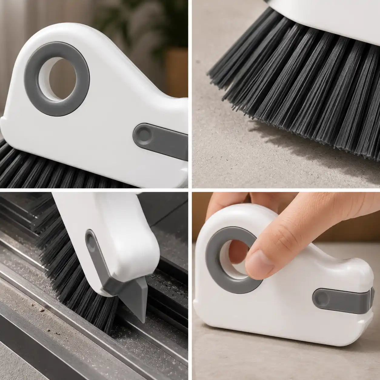 Four close-up views of the white groove cleaning brush showcasing the ergonomic finger grip, dense black bristles, integrated scraper tip, and precision cleaning design for window tracks, sliding door rails, tile grout, and narrow household gaps.