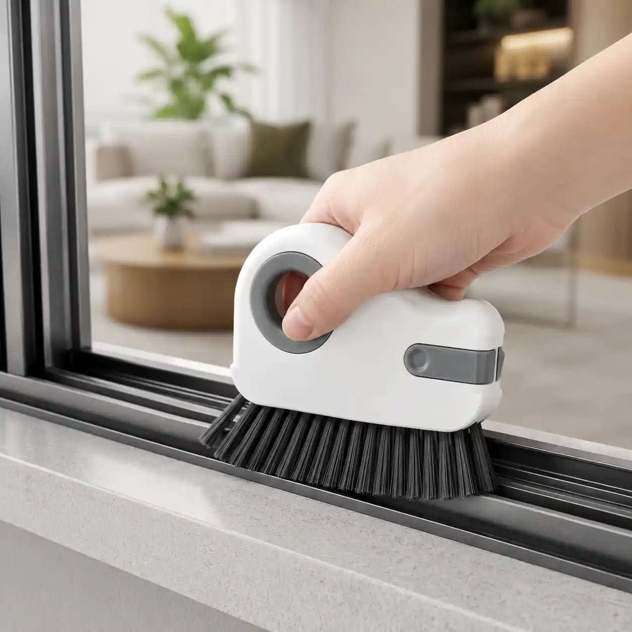Hand using a white groove cleaning brush with dense black bristles to remove dust and dirt from a sliding window track in a bright modern home, demonstrating precise cleaning of narrow grooves and hard-to-reach areas.