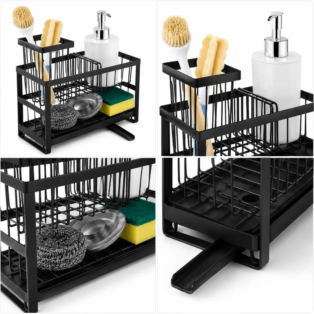 Four close-up views of a black kitchen sink caddy organizer showing the metal storage compartments, removable drain tray, sponge holder, dish brush holder, and soap dispenser section.