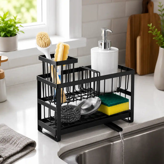 Black kitchen sink caddy organizer on a modern kitchen countertop holding a soap dispenser, dish brush, sponge, and cleaning accessories beside a stainless steel sink.