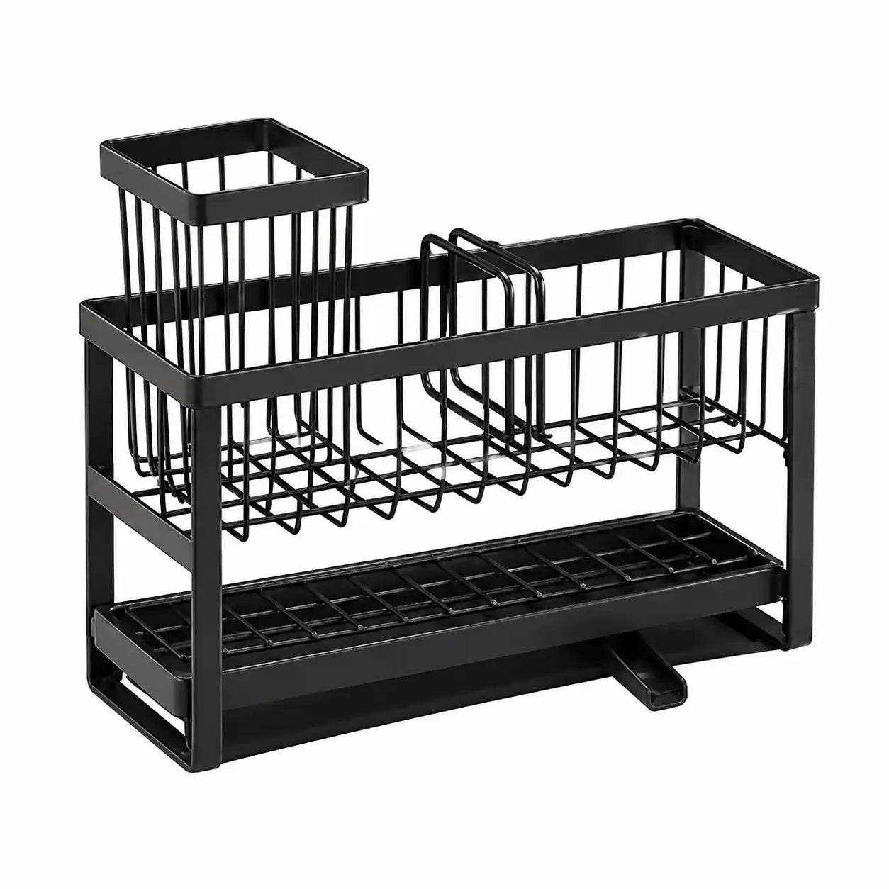 Black kitchen sink caddy organizer with removable drain tray, brush holder, divider insert, and spacious storage compartment on a white background. Ideal for holding dish soap, sponges, scrubbers, and kitchen cleaning accessories.