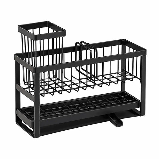 Black kitchen sink caddy organizer with removable drain tray, brush holder, divider insert, and spacious storage compartment on a white background. Ideal for holding dish soap, sponges, scrubbers, and kitchen cleaning accessories.