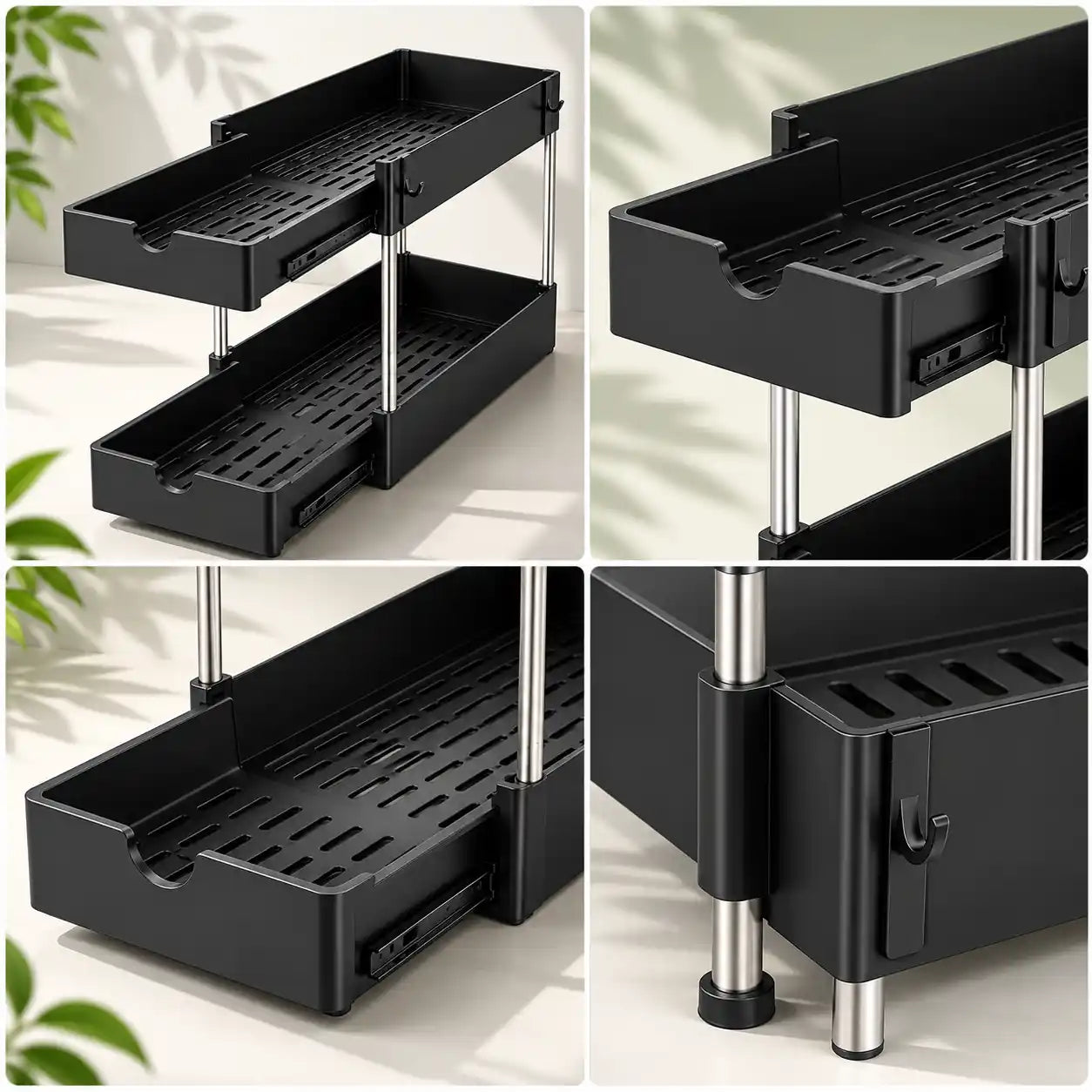Four-angle close-up collage of a black 2-tier under sink storage organizer shelf showcasing the matte black finish, smooth sliding drawers, silver metal support rods, sturdy construction, and integrated side hooks.