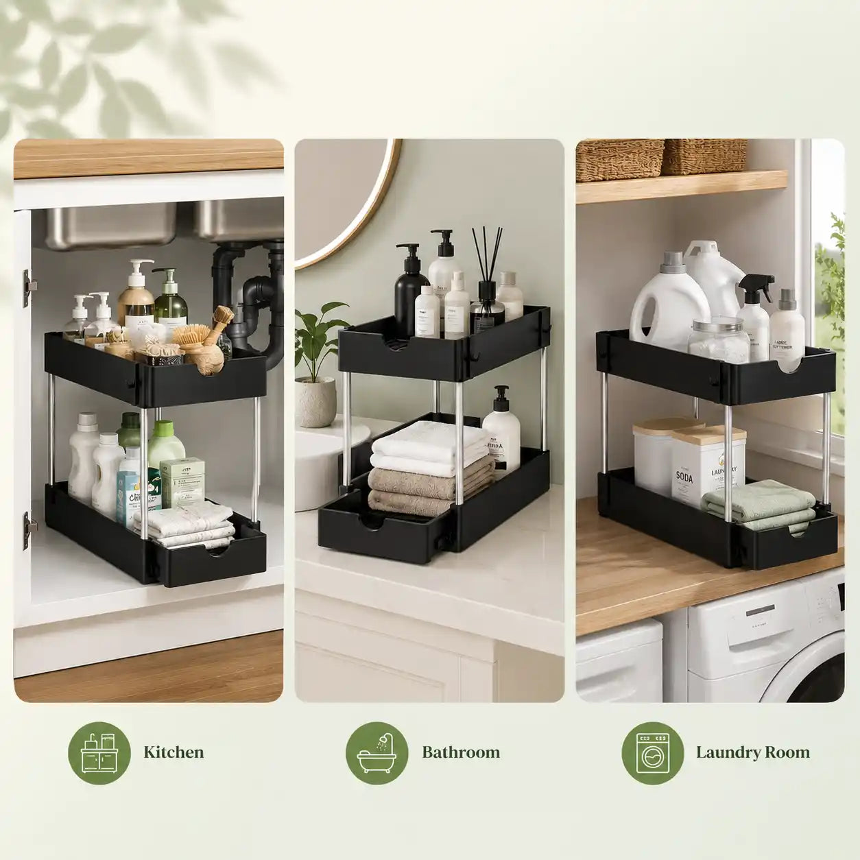 Three-panel lifestyle image showing a black 2-tier under sink storage organizer used in a kitchen cabinet, bathroom vanity, and laundry room, demonstrating versatile storage for cleaning supplies, toiletries, towels, and household essentials.