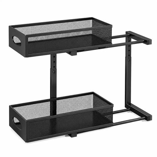 Black pull-out double-tier kitchen cabinet organizer rack made from carbon steel with adjustable height and sliding mesh storage baskets on a white background.