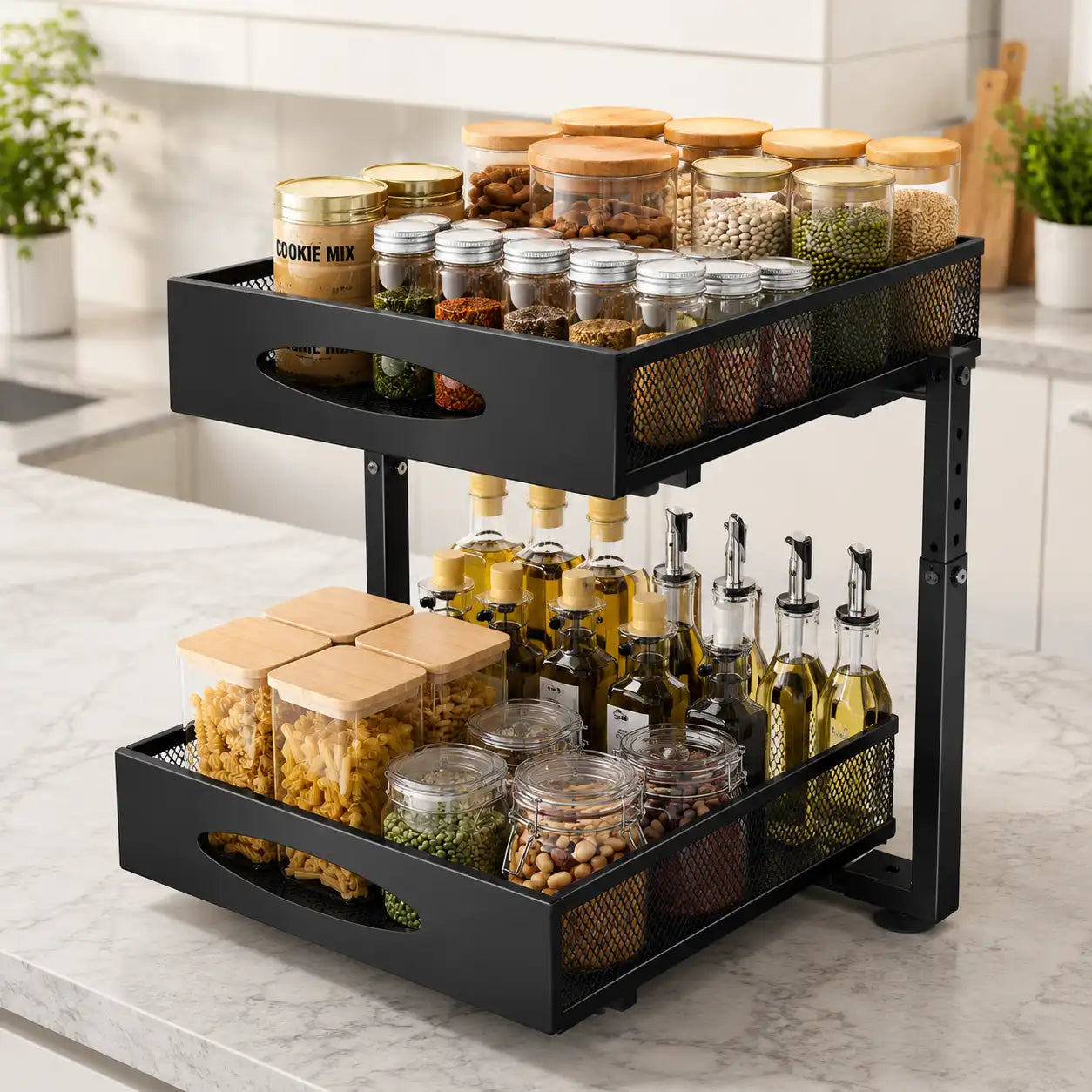 Black double-tier pull-out kitchen storage rack on a modern countertop, organizing spice jars, cooking oils, pantry containers, and kitchen essentials.