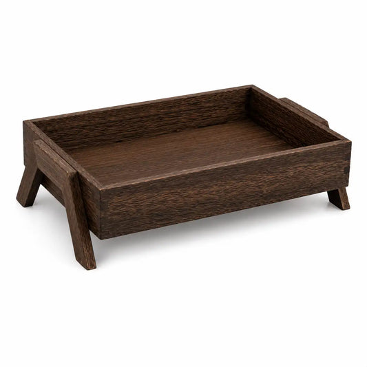 Rectangular solid wood storage tray with raised legs and natural wood finish on a white background for organizing vanity, bathroom, or countertop essentials.