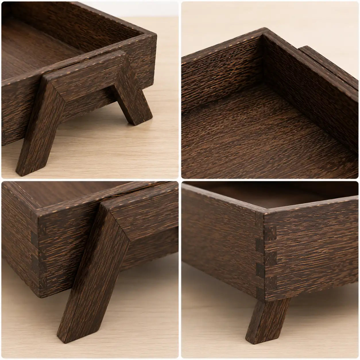 Four close-up views of the rectangular solid wood storage tray highlighting the natural wood grain, raised edges, sturdy angled legs, and craftsmanship details of the wooden organizer tray.