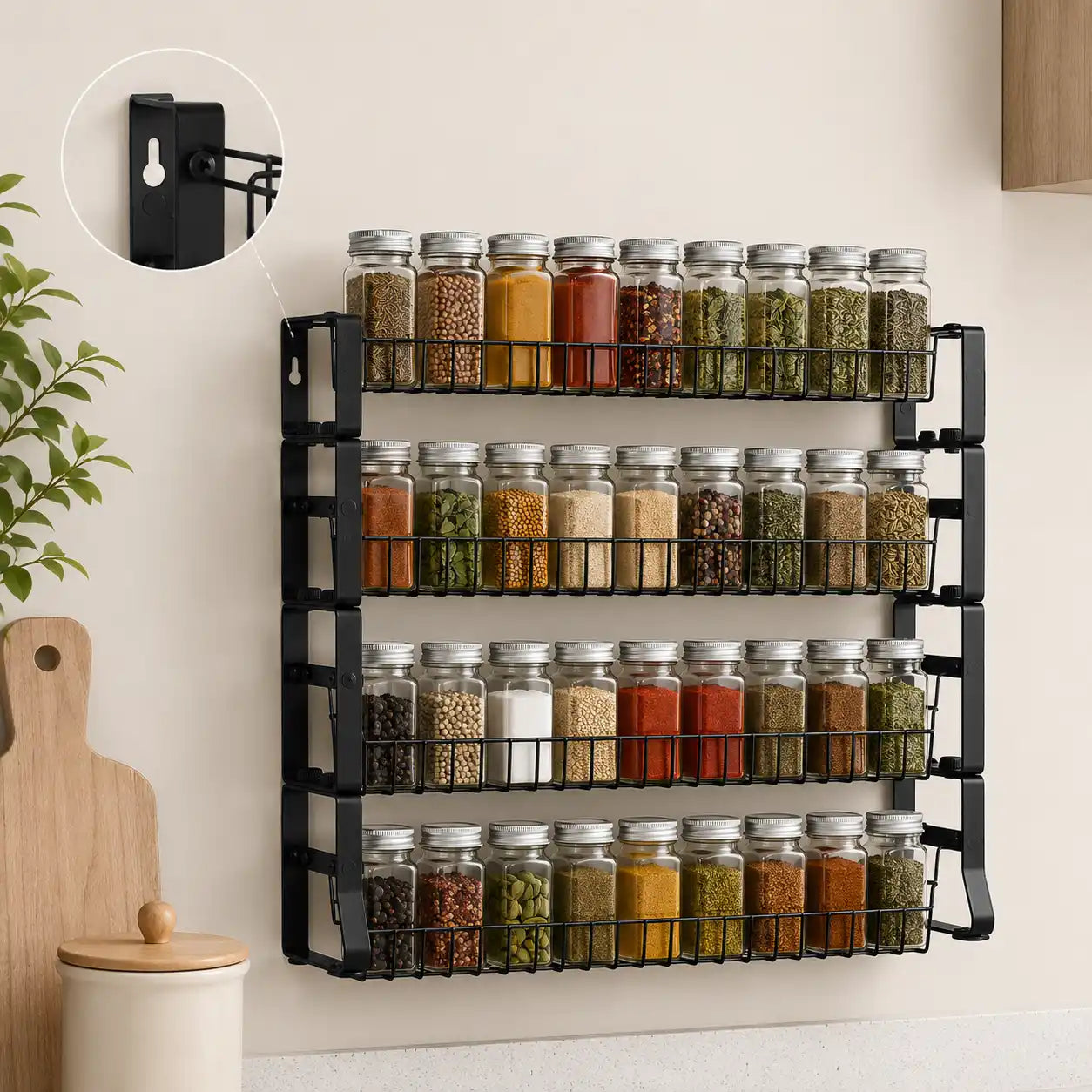 Black 4-tier metal spice rack organizer mounted on a kitchen wall and filled with glass spice jars, showcasing wall-mounted installation and space-saving kitchen storage.