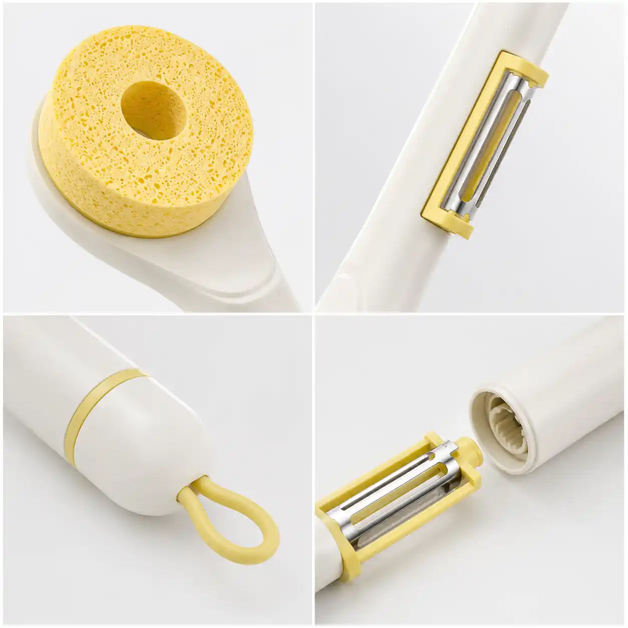 Four-angle close-up collage of the white wood pulp sponge cleaning brush highlighting the natural sponge head, PP handle, built-in stainless steel vegetable peeler, and hanging loop.