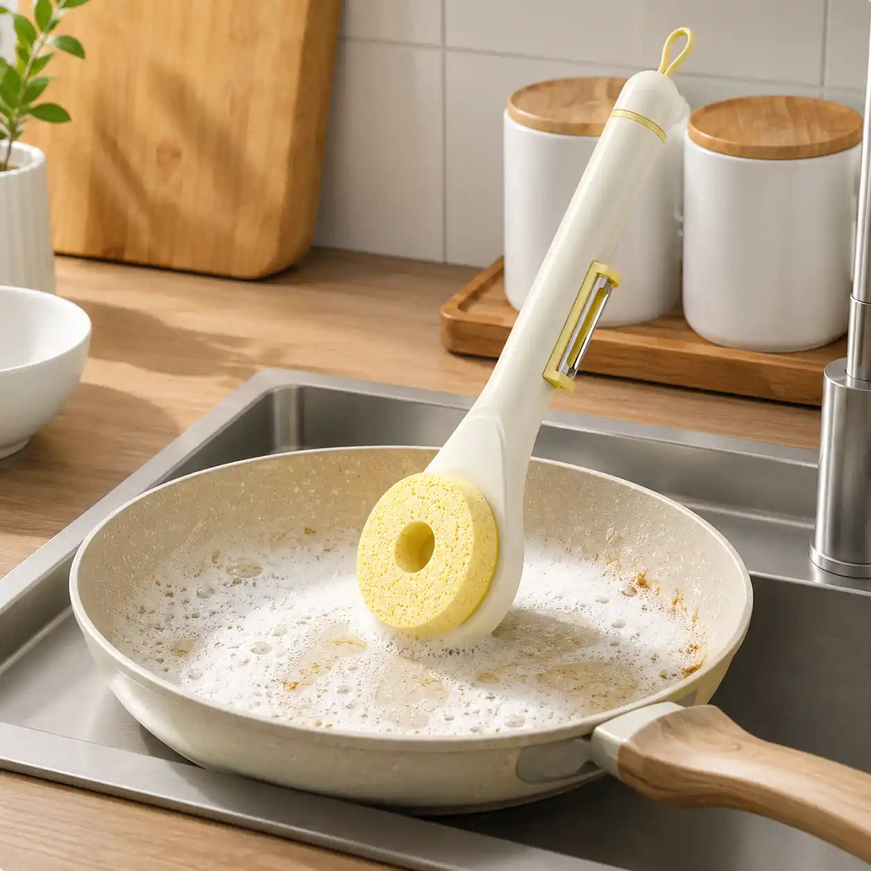 Lifestyle image of a white wood pulp sponge cleaning brush cleaning a frying pan in a modern kitchen.